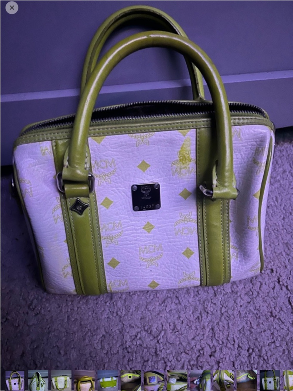 MCM White and Olive Green Logo Satchel